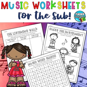 Op de afbeelding: Zwart-witte printbare werkbladen voor muziekles. De werkbladen bevatten activiteiten zoals het luisteren naar geluiden, het raden van instrumenten en een woordzoeker. De titel van de werkbladen is "Muziekwerkbladen voor de invaller!"