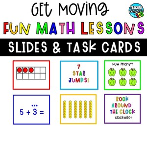 May include: Colourful printable task cards for children to use with maths lessons. The cards feature images of apples, stars, and blocks, along with the text "How many?", "7 Star Jumps!" and "Rock Around the Clock clockwise!"