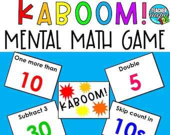 Puede incluir: Un juego colorido para niños para practicar matemáticas mentales. El juego incluye cartas con diferentes problemas matemáticos, como "Uno más que 10", "Restar 3 de 30", "Duplicar 5" y "Contar de 10 en 10". El juego también incluye una carta "¡KABOOM!"