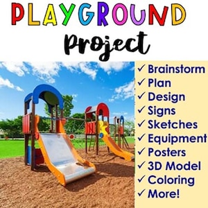 K&ouml;nnte beinhalten: Eine bunte Spielplatz-Projekt-Checkliste mit einem Bild eines Spielplatzes mit einer Rutsche und einem Kletterger&uuml;st. Die Checkliste enth&auml;lt Punkte wie Brainstorming, Planung, Design, Schilder, Skizzen, Ausr&uuml;stung, Poster, 3D-Modell, Ausmalen und mehr.