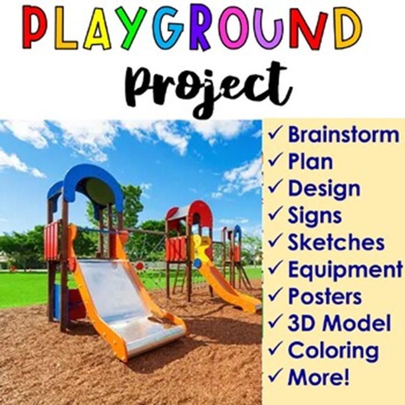 K&ouml;nnte beinhalten: Eine bunte Spielplatz-Projekt-Checkliste mit einem Bild eines Spielplatzes mit einer Rutsche und einem Kletterger&uuml;st. Die Checkliste enth&auml;lt Punkte wie Brainstorming, Planung, Design, Schilder, Skizzen, Ausr&uuml;stung, Poster, 3D-Modell, Ausmalen und mehr.