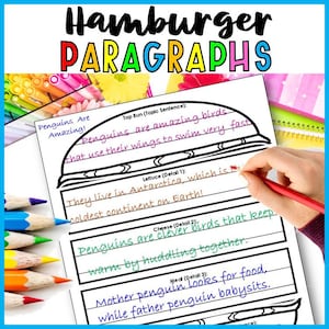 Puede incluir: Una hoja de trabajo imprimible con un gráfico de hamburguesa. La hoja de trabajo está diseñada para ayudar a los estudiantes a escribir un párrafo sobre los pingüinos. La hoja de trabajo incluye una oración temática, detalles y una oración de cierre. El texto en la hoja de trabajo dice: "Hamburger Paragraphs, Penguins Are Amazing! Top Bun (Topic Sentence): Penguins are amazing birds that use their wings to swim very fast. Lettuce (Detail 1): They live in Antarctica, which is the coldest continent on Earth! Cheese (Detail 2): Penguins are clever birds that keep warm by huddling together. Meat (Detail 3): Mother penguin looks for food, while father penguin babysits."