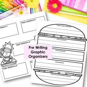 May include: Black and white printable graphic organizers for pre-writing activities. The organizers feature a hamburger and a girl sitting at a desk. The text on the organizers includes "Top Bun (Topic Sentence)", "Lettuce (Detail 1)", "Cheese (Detail 2)", "Meat (Detail 3)", "Bottom Bun (Concluding Sentence)", and "Topic Sentence 1" through "Topic Sentence 4".