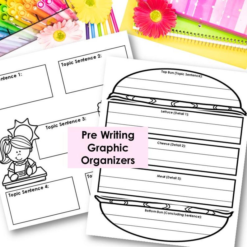 May include: Black and white printable graphic organizers for pre-writing activities. The organizers feature a hamburger and a girl sitting at a desk. The text on the organizers includes "Top Bun (Topic Sentence)", "Lettuce (Detail 1)", "Cheese (Detail 2)", "Meat (Detail 3)", "Bottom Bun (Concluding Sentence)", and "Topic Sentence 1" through "Topic Sentence 4".