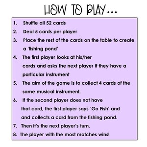 May include: A purple and white illustrated guide with instructions on how to play a card game. The text reads "How to Play..." and includes instructions like "Shuffle all 52 cards", "Deal 5 cards per player", and "The player with the most matches wins!"