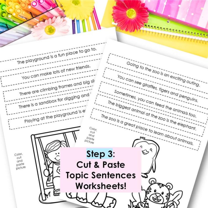 May include: Black and white printable worksheet with a cut and paste activity. The worksheet has two sections, one about the playground and one about the zoo. The text on the worksheet reads: "The playground is a fun place to go to. You can make lots of new friends. There are climbing frames and big slides. There is a sandbox for digging and playing. Playing at the playground is exciting." and "Going to the zoo is an exciting outing. You can see giraffes, tigers and penguins. Sometimes, you can feed the animals too. The biggest animal at the zoo is the elephant. The zoo is a great place to learn about animals."