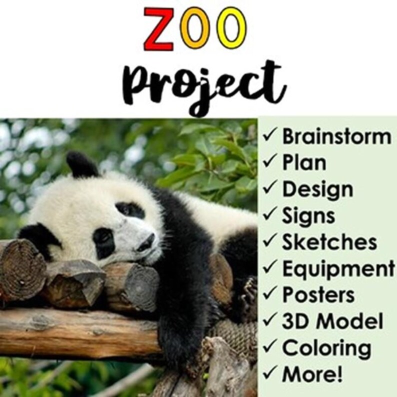 K&ouml;nnte beinhalten: Ein schwarz-wei&szlig;es Pandab&auml;r liegt auf einem Holzstamm. Der Panda schl&auml;ft mit dem Kopf auf dem Stamm. Der Hintergrund ist ein gr&uuml;ner, bebl&auml;tterter Wald. Der Text "ZOO Project" befindet sich oben im Bild. Auf der rechten Seite des Bildes befindet sich eine Liste von Projektideen, darunter "Brainstorm", "Plan", "Design", "Signs", "Sketches", "Equipment", "Posters", "3D Model", "Coloring" und "More!"
