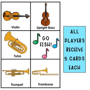 May include: A colorful illustration of musical instruments, including a violin, upright bass, tuba, trumpet, and trombone. The text "GO FISH!" is written in green, blue, and pink. The text "ALL PLAYERS RECEIVE 5 CARDS EACH" is written in white on a blue background.