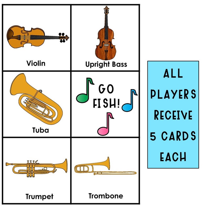 May include: A colorful illustration of musical instruments, including a violin, upright bass, tuba, trumpet, and trombone. The text "GO FISH!" is written in green, blue, and pink. The text "ALL PLAYERS RECEIVE 5 CARDS EACH" is written in white on a blue background.