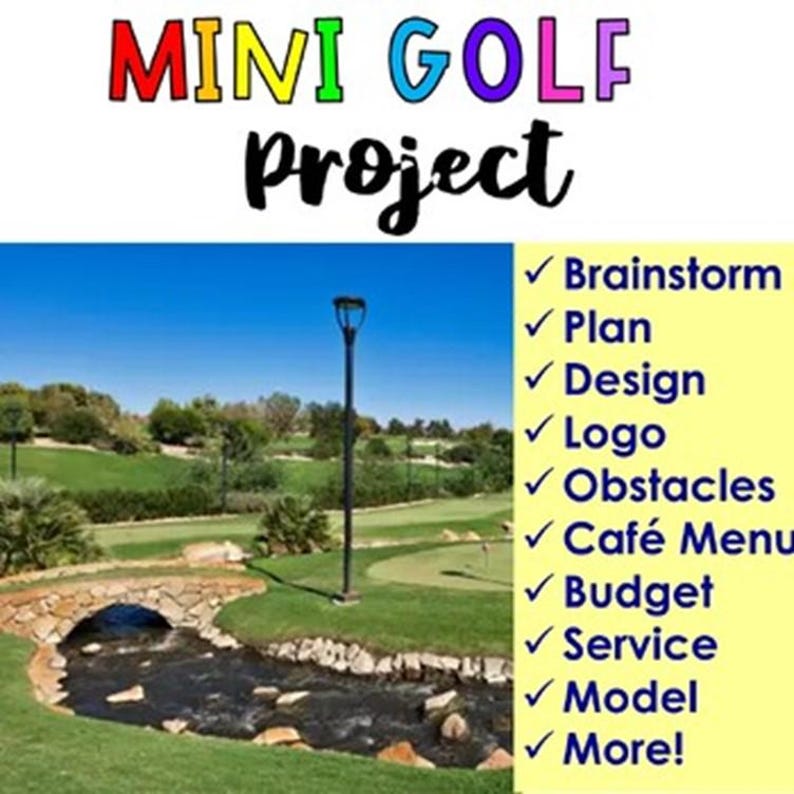 K&ouml;nnte beinhalten: Ein Minigolfplatz mit einer Br&uuml;cke &uuml;ber einen Bach, einem Laternenpfahl und gr&uuml;nem Gras. Der Text "MINI GOLF project" befindet sich oben im Bild. Eine Liste der Projektschritte befindet sich auf der rechten Seite des Bildes: Brainstorm, Plan, Design, Logo, Hindernisse, Caf&eacute;-Men&uuml;, Budget, Service, Modell, Mehr!