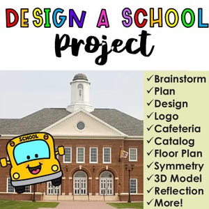 K&ouml;nnte beinhalten: Eine bunte Illustration eines Schulbusses mit einem l&auml;chelnden Gesicht vor einem Backsteingeb&auml;ude mit einem Glockenturm. Der Text "DESIGN A SCHOOL Project" befindet sich oben im Bild. Auf der rechten Seite des Bildes befindet sich eine Liste von Schritten f&uuml;r ein Schulbauprojekt, darunter Brainstorming, Planung, Design, Logo, Cafeteria, Katalog, Grundriss, Symmetrie, 3D-Modell, Reflexion und mehr.