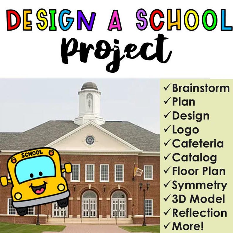 K&ouml;nnte beinhalten: Eine bunte Illustration eines Schulbusses mit einem l&auml;chelnden Gesicht vor einem Backsteingeb&auml;ude mit einem Glockenturm. Der Text "DESIGN A SCHOOL Project" befindet sich oben im Bild. Auf der rechten Seite des Bildes befindet sich eine Liste von Schritten f&uuml;r ein Schulbauprojekt, darunter Brainstorming, Planung, Design, Logo, Cafeteria, Katalog, Grundriss, Symmetrie, 3D-Modell, Reflexion und mehr.