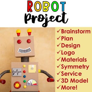 K&ouml;nnte beinhalten: Ein Kartonroboter mit roten, gelben und gr&uuml;nen Kn&ouml;pfen und einer gelben Antenne. Der Roboter steht auf einem beigefarbenen Hintergrund mit einem gelben Hintergrund rechts mit dem Text "ROBOT Project" in Regenbogenfarben und einer Checkliste mit Schritten f&uuml;r ein Roboterprojekt: Brainstorming, Planung, Design, Logo, Materialien, Symmetrie, Service, 3D-Modell, Mehr!