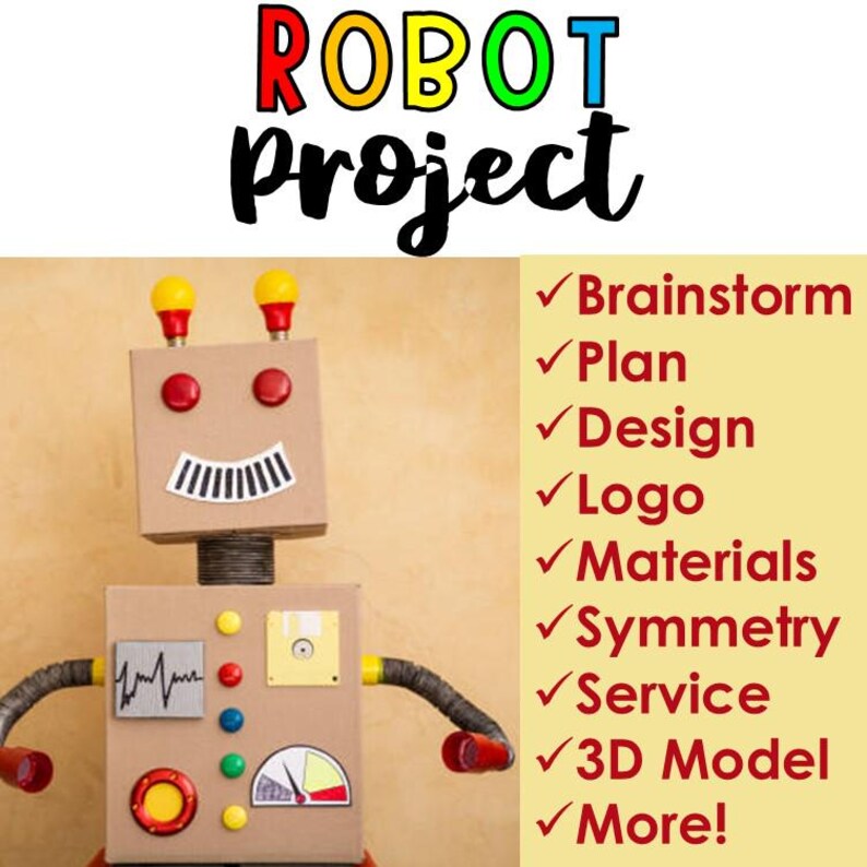 K&ouml;nnte beinhalten: Ein Kartonroboter mit roten, gelben und gr&uuml;nen Kn&ouml;pfen und einer gelben Antenne. Der Roboter steht auf einem beigefarbenen Hintergrund mit einem gelben Hintergrund rechts mit dem Text "ROBOT Project" in Regenbogenfarben und einer Checkliste mit Schritten f&uuml;r ein Roboterprojekt: Brainstorming, Planung, Design, Logo, Materialien, Symmetrie, Service, 3D-Modell, Mehr!