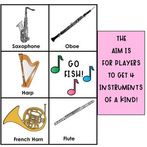 May include: A game board with illustrations of musical instruments, including a saxophone, oboe, harp, French horn, and flute. The text on the board reads "GO FISH!" and "THE AIM IS FOR PLAYERS TO GET 4 INSTRUMENTS OF A KIND!"