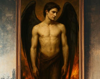 May include: A painting of a man with black wings standing in front of a fiery background. The man is shirtless and has a dark brown cloth wrapped around his waist. The painting is framed in a dark wood frame.
