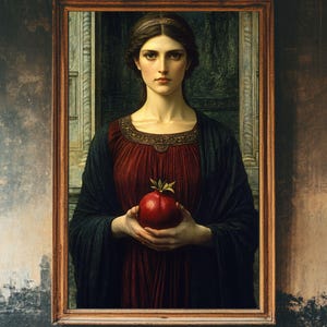 May include: A framed portrait of a woman holding a red pomegranate. She wears a dark red dress with gold trim and a black shawl. The background features a dark green door and a distressed wall.