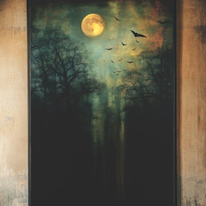 Haunted Forest Art Print: Gothic Bat Moon Halloween Decor