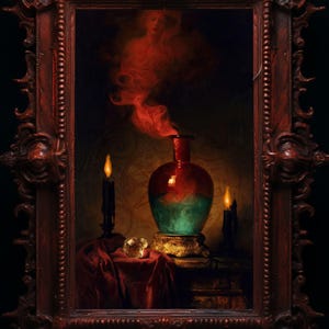 May include: A framed painting featuring a red and green glass bottle with red smoke emanating from it. Two lit candles flank the bottle, and a crystal ball sits on a red cloth. The frame is ornate and dark red.