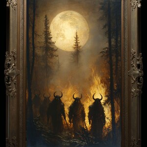 May include: A painting of a dark forest scene with a full moon in the background. Four figures with horns and glowing eyes walk through the forest, which is engulfed in flames.