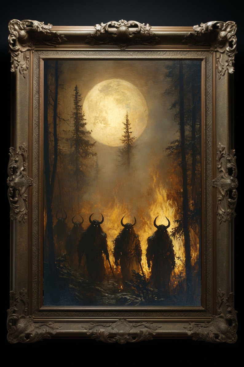 May include: A painting of a dark forest scene with a full moon in the background. Four figures with horns and glowing eyes walk through the forest, which is engulfed in flames.