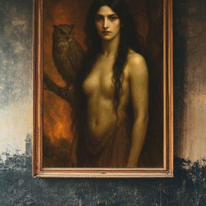 Puede incluir: Una pintura de una mujer con el pelo largo y oscuro y un b&uacute;ho marr&oacute;n posado en una rama. La mujer est&aacute; desnuda y tiene un aspecto suave y et&eacute;reo. El fondo es un entorno oscuro y boscoso.