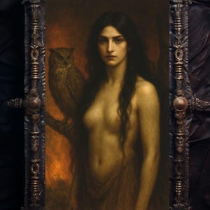 Puede incluir: Una pintura de una mujer con el pelo largo y oscuro y un b&uacute;ho marr&oacute;n posado en una rama. La mujer est&aacute; desnuda y tiene una expresi&oacute;n seria en su rostro. El fondo es de un color naranja c&aacute;lido.