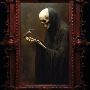 May include: A painting in a dark red ornate frame depicts a skeletal figure in a black robe holding out a small blue and brown bird. The figure has a skull-like face and is looking at the bird.