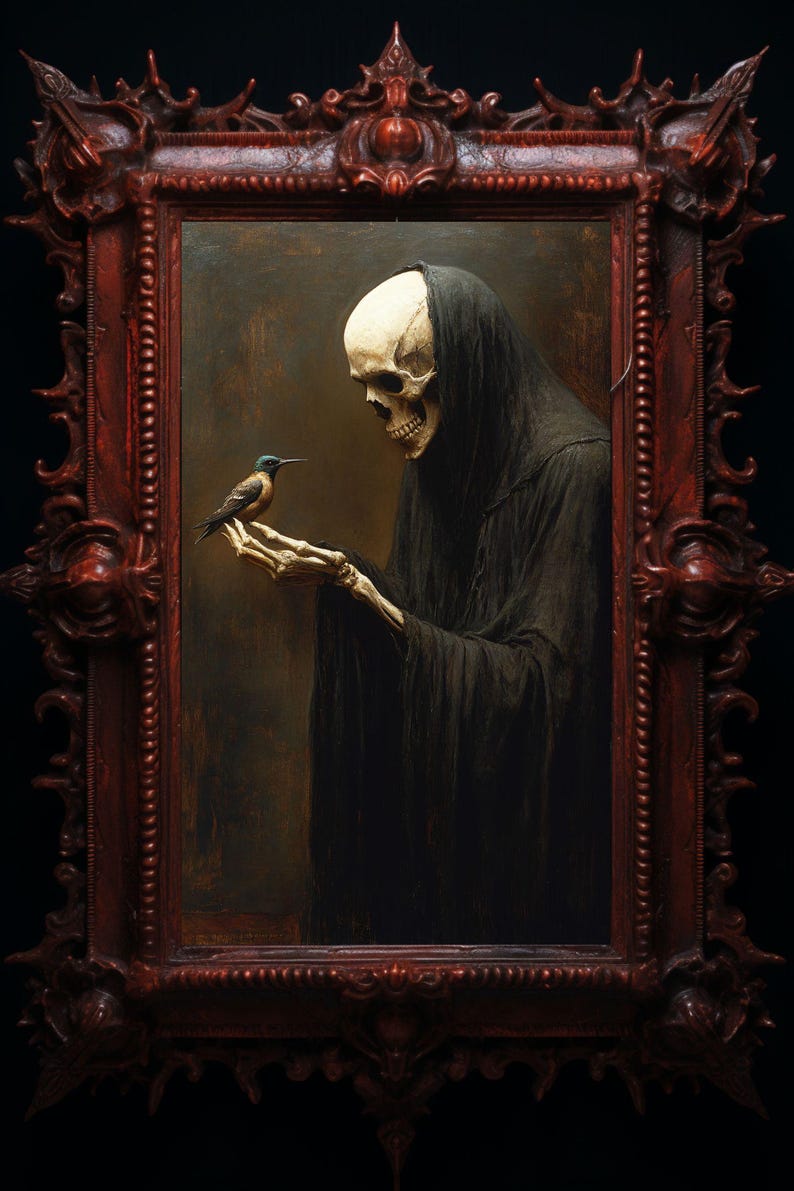 May include: A painting in a dark red ornate frame depicts a skeletal figure in a black robe holding out a small blue and brown bird. The figure has a skull-like face and is looking at the bird.
