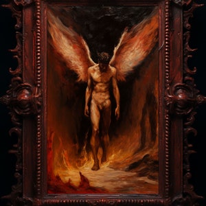 May include: A painting of a winged figure with a muscular build, standing in a fiery landscape. The figure is nude and has a crown of thorns on their head. The painting is framed in a dark, ornate frame.