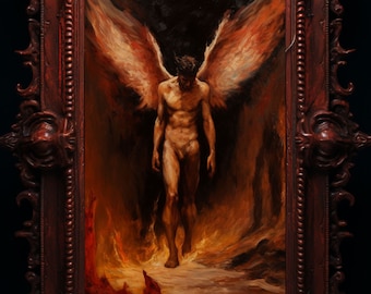 Lámina artística de El Descenso de Lucifer: Fantasía gótica oscura para colgar en la pared