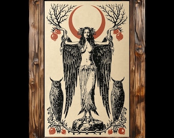 May include: A framed print featuring a central winged figure with bird-like feet standing on a rock, flanked by two owls. The figure holds branches with pomegranates under a red crescent moon. The artwork is enclosed in a dark, rustic wooden frame.