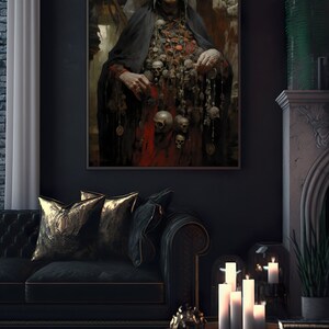 May include: A painting of a woman wearing a white head covering and a black robe. She is adorned with a necklace and bracelets made of skulls. The painting is set against a dark background.