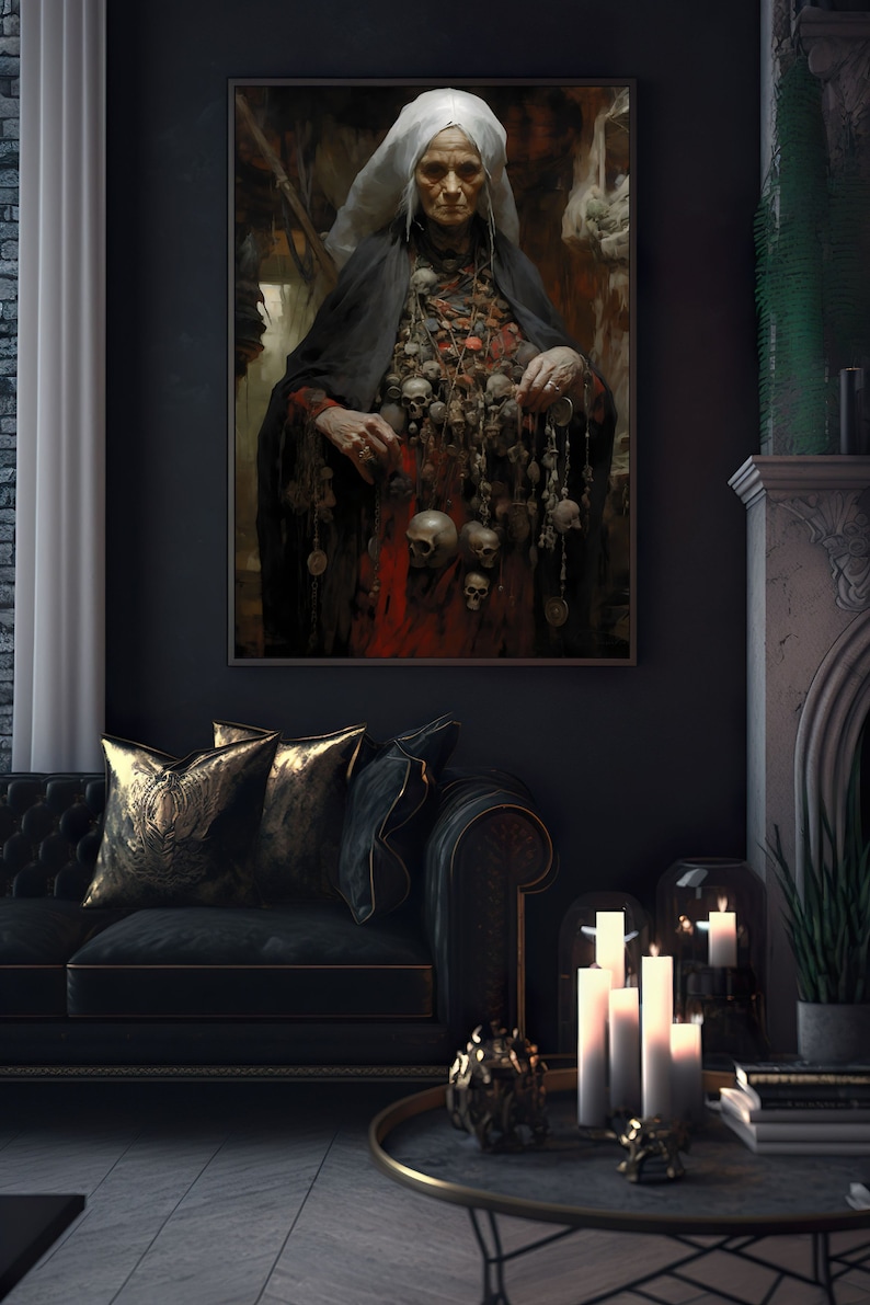 May include: A painting of a woman wearing a white head covering and a black robe. She is adorned with a necklace and bracelets made of skulls. The painting is set against a dark background.