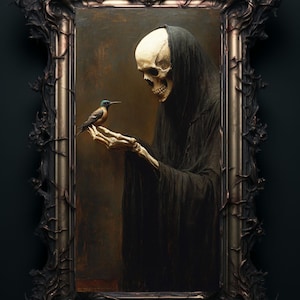 May include: A painting in a dark ornate frame depicts a skeletal figure in a black robe holding out a small bird. The figure has a skull-like face and is looking at the bird.