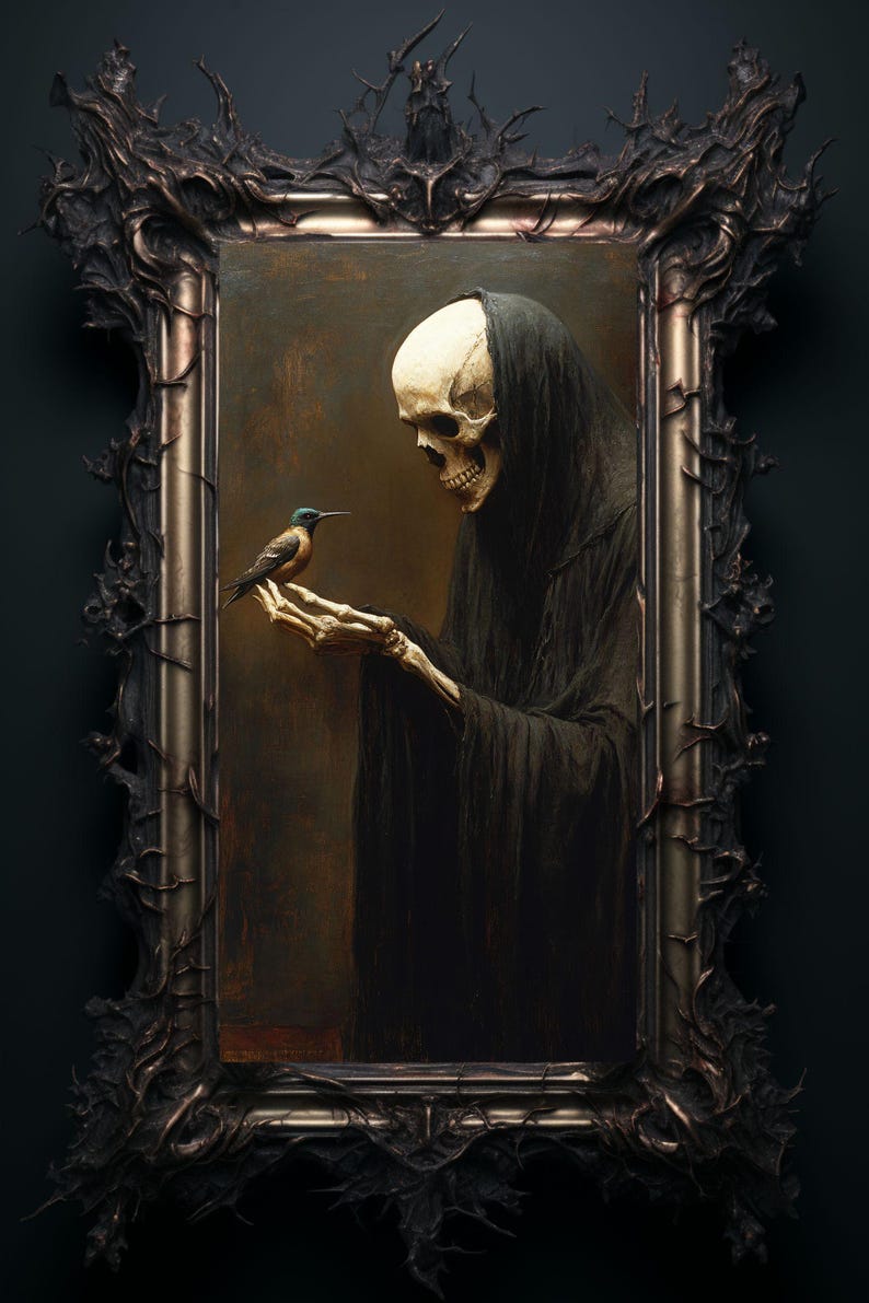 May include: A painting in a dark ornate frame depicts a skeletal figure in a black robe holding out a small bird. The figure has a skull-like face and is looking at the bird.