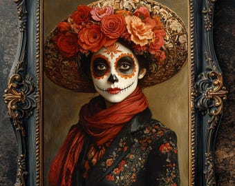 May include: A framed portrait of a woman in Day of the Dead makeup, wearing a floral hat and a red scarf. The woman's face is painted with a skull design, and she wears a black jacket with floral patterns. The ornate frame is dark with gold accents.