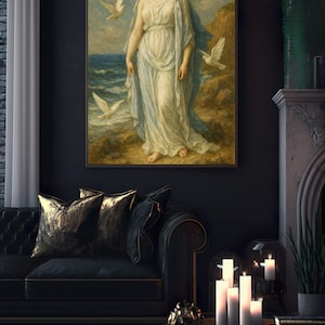 May include: A painting of a woman in a white robe standing on a rocky shore with white doves flying around her. The woman is looking at the viewer with a serene expression. The painting is set against a backdrop of a blue sky and a choppy sea.