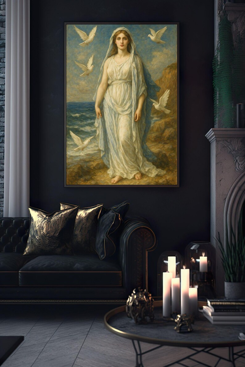 May include: A painting of a woman in a white robe standing on a rocky shore with white doves flying around her. The woman is looking at the viewer with a serene expression. The painting is set against a backdrop of a blue sky and a choppy sea.