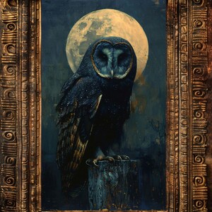 May include: A dark blue owl with a golden ring around its eyes is perched on a wooden post in front of a large, full moon. The owl is surrounded by a dark blue and green background.