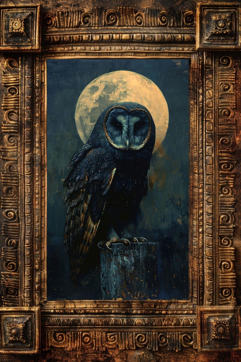 May include: A dark blue owl with a golden ring around its eyes is perched on a wooden post in front of a large, full moon. The owl is surrounded by a dark blue and green background.