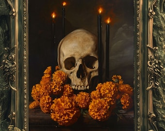 Skull and Marigolds Art Print, Day of the Dead Gothic Decor