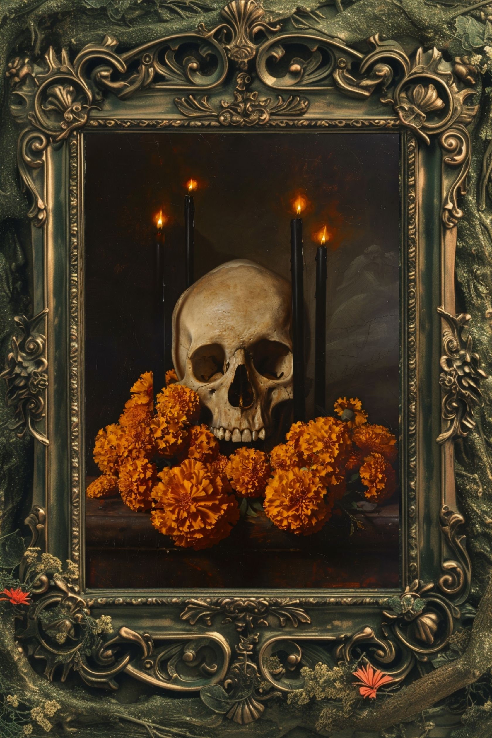 ビンテージ　昭和レトロ　70s ミッドセンチュリー　モダンアート　SKULL 額 Skull and Marigolds Art Print, Day of the Dead Gothic Decor - Etsy