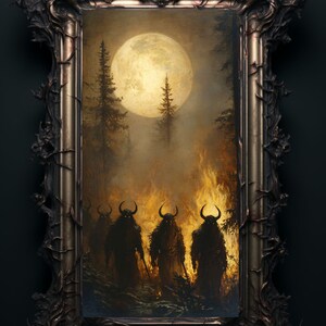May include: A framed painting depicting a dark, foggy forest scene with a full moon in the background. Four figures with horns and dark clothing walk through the forest, which is engulfed in flames.