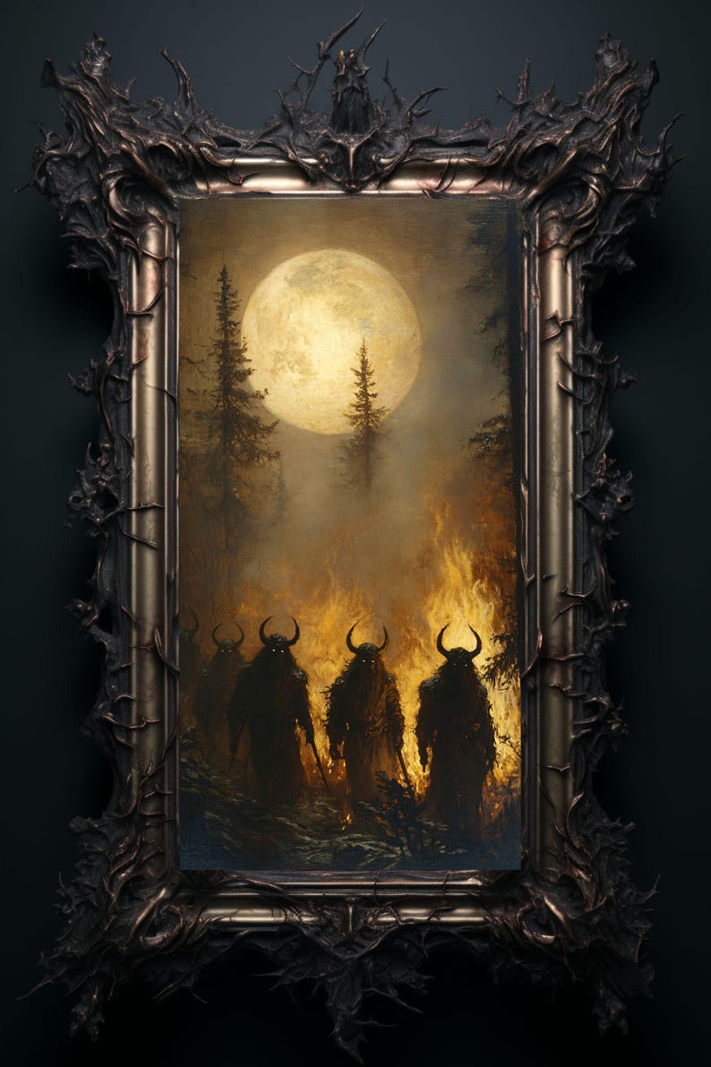 May include: A framed painting depicting a dark, foggy forest scene with a full moon in the background. Four figures with horns and dark clothing walk through the forest, which is engulfed in flames.