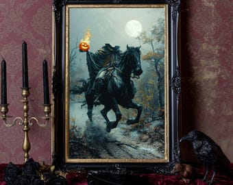 May include: A framed wall art print depicting a headless horseman riding a black horse through a misty forest under a full moon. The figure holds a glowing orange jack-o'-lantern. The ornate frame is black with gold inner trim details.
