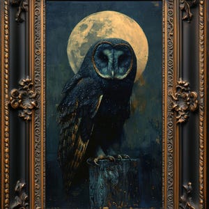 May include: A framed painting of a barn owl perched on a wooden post, with a full moon in the background. The owl is depicted in a dark blue and black color scheme, with a detailed rendering of its feathers and eyes.