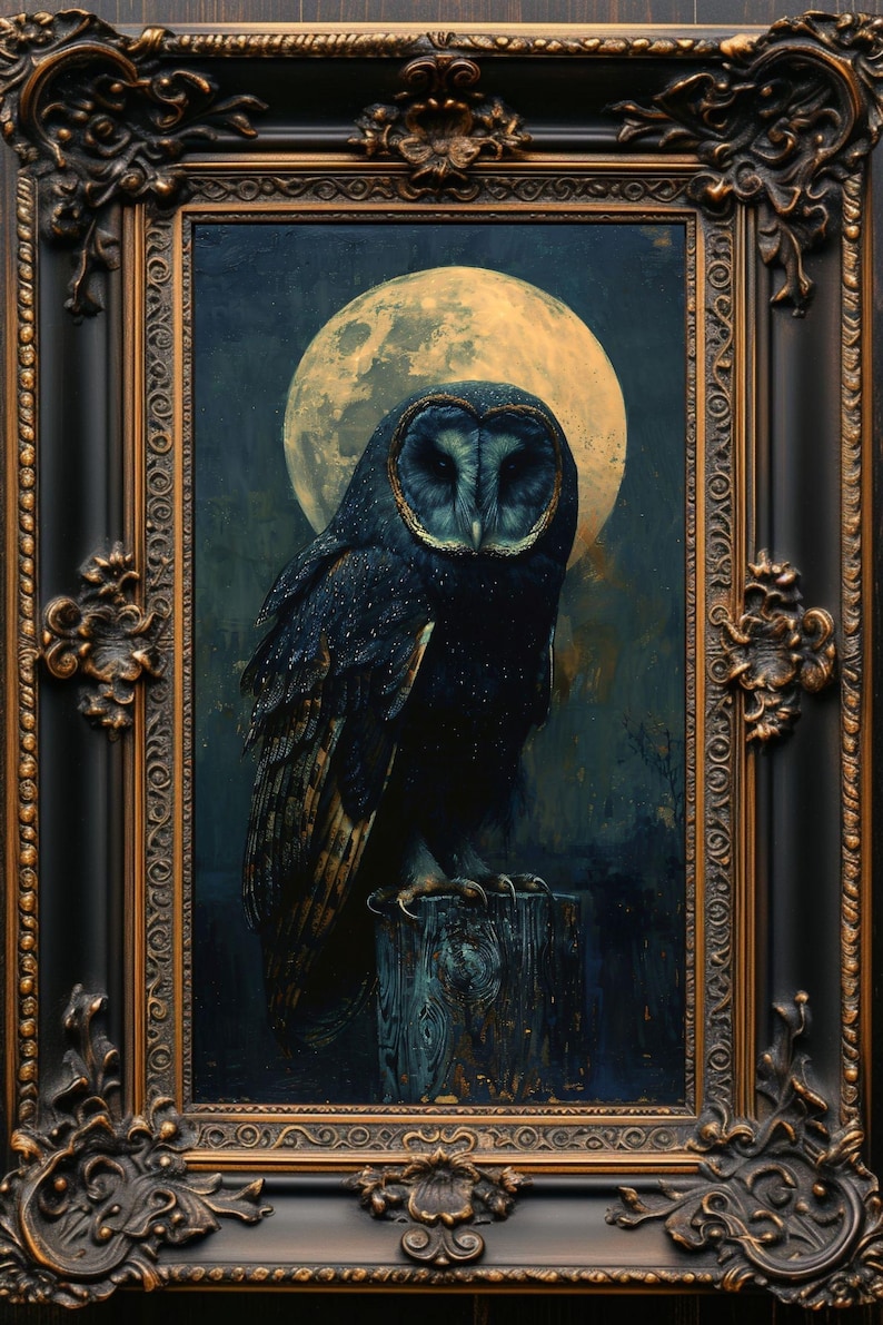 May include: A framed painting of a barn owl perched on a wooden post, with a full moon in the background. The owl is depicted in a dark blue and black color scheme, with a detailed rendering of its feathers and eyes.