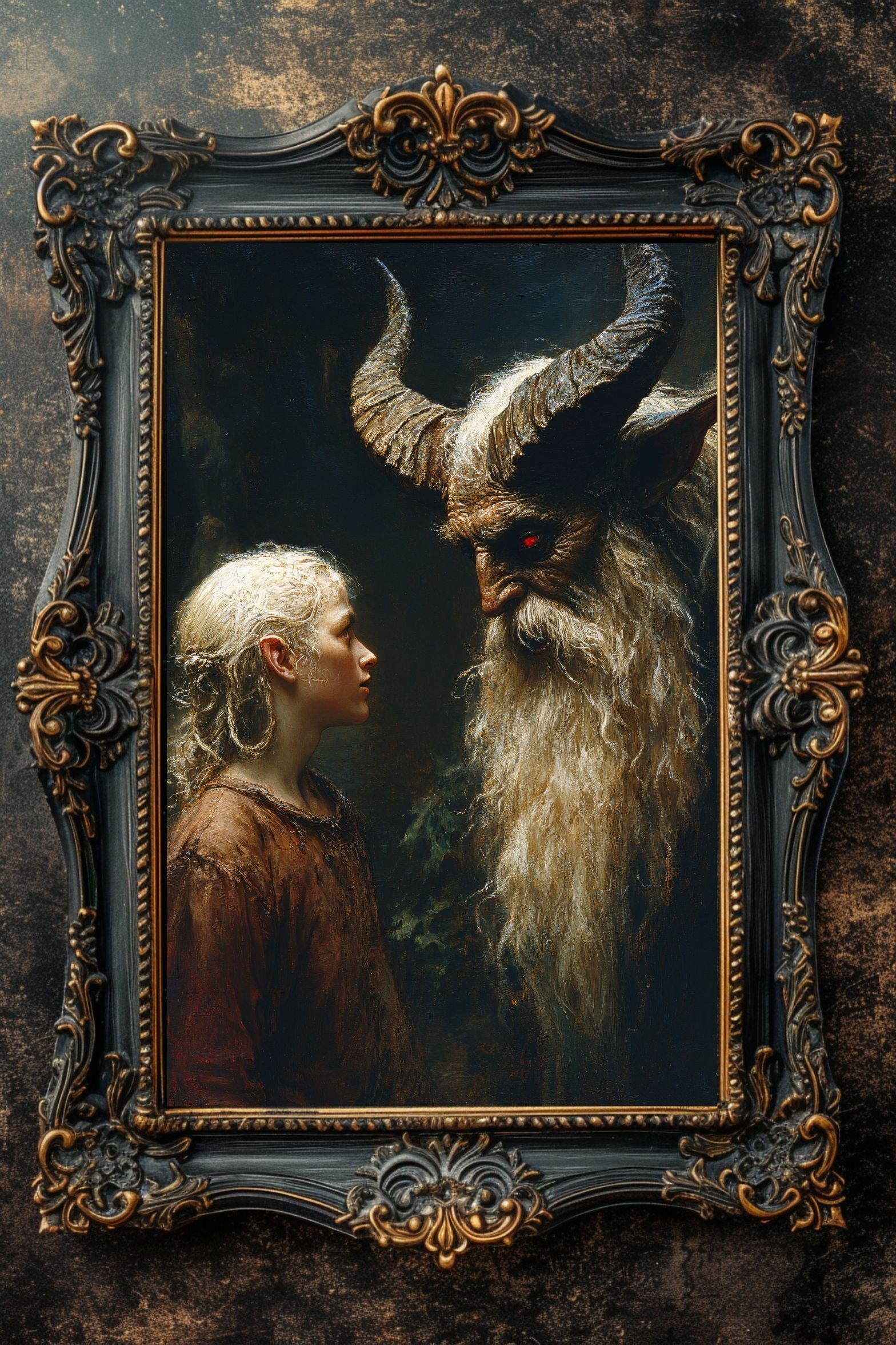 Krampus and the Fearless Child Art Print: German Christmas