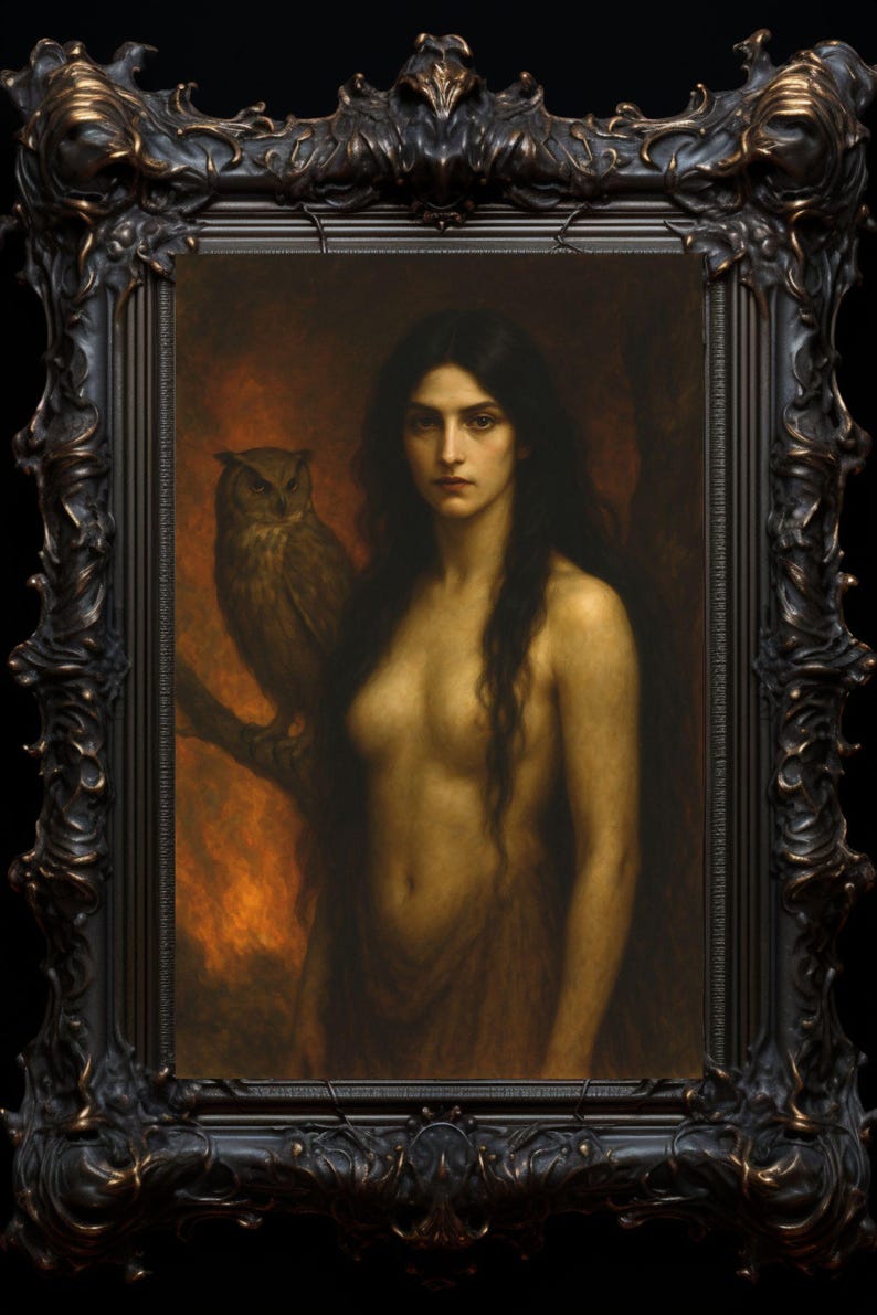 Lámina artística de Lilith: Diosa oscura, búho, decoración gótica para el hogar imagen 4